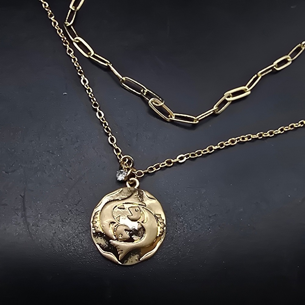 Pisces Zodiac Charm Layered Chain Necklace Gold Tone Paper Clip Chain Astrology